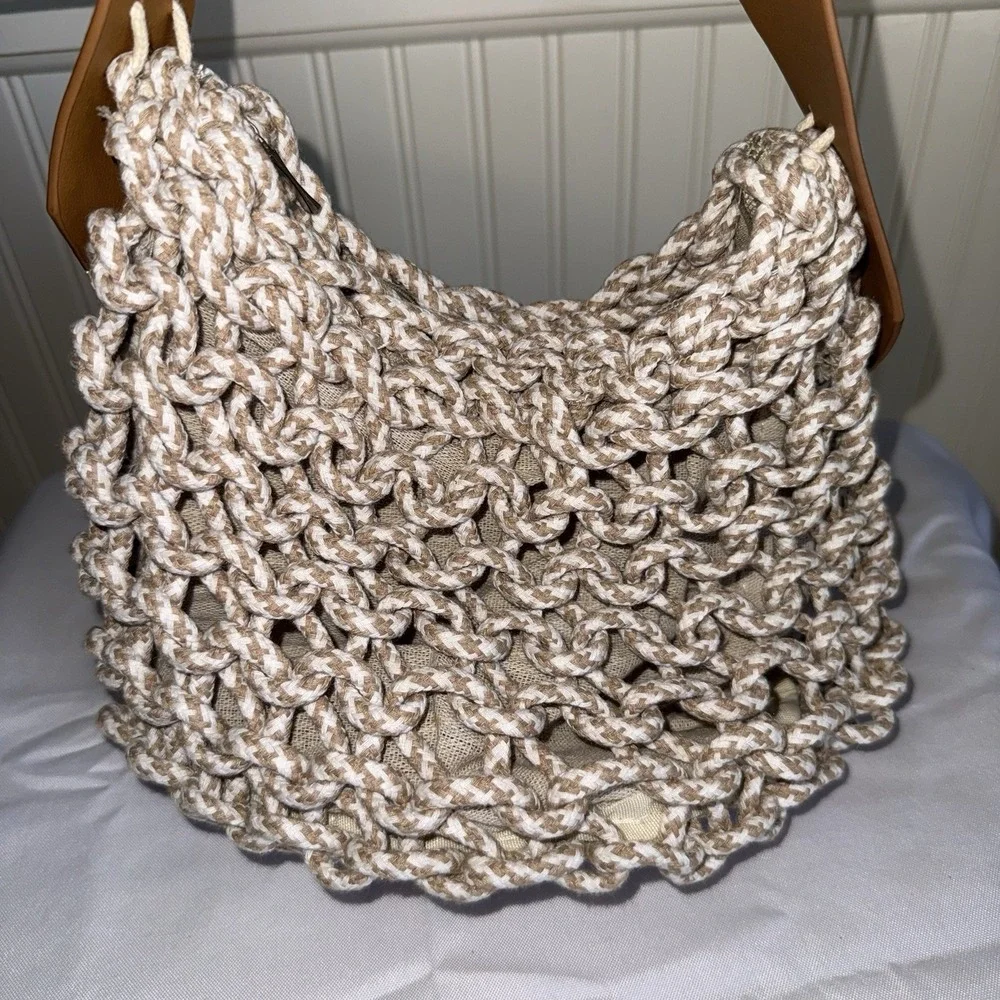 Motf Macrame Fabric Faux Leather Shoulder Hobo Bag Purse Cream Brown Handbag